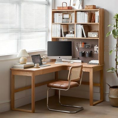 Introducing our L-shaped corner desk with built-in bookshelf, crafted entirely from solid oak wood. This masterpiece offers a spacious desktop where you can spread out your files without any constraints. The double-tiered bookshelf is designed with human-centred partitioning, ensuring maximum utility without any idle space. The upper shelf holds 32k books, while the lower shelf can accommodate 16k books and A4 folders. Plus, the perforated board on the bookshelf is a handy addition for organizin L Shaped Corner Desk, Solid Wood Writing Desk, Cozy Desk, Bookshelf Desk, Room Desk, Office Furniture Desk, Home Office Design, Home Office Desks, Computer Desk