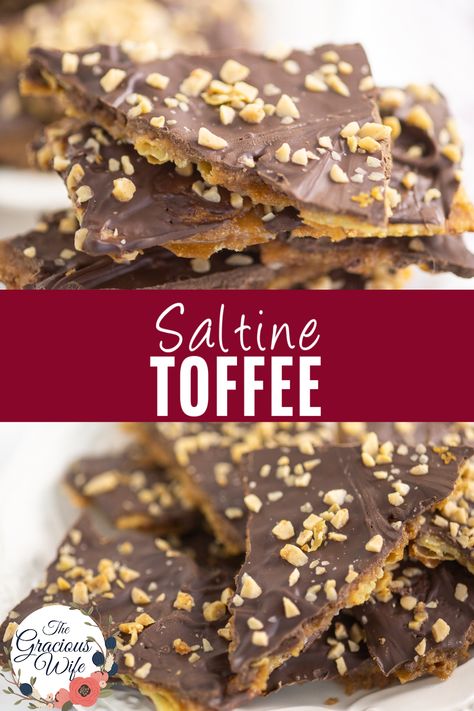 Saltine Toffee is a delicious and easy-to-make treat that combines the perfect balance of salty and sweet flavors, with crispy salty crackers, buttery toffee, and rich chocolate. Learn how to make this addictive dessert in just a few simple steps for a perfect addition to cookie or candy trays or a frugal DIY gift. Toffee Bark Saltine, Heath Bars With Saltines, Toffee With Saltine Crackers, Cracker Toffee Recipe Saltine Christmas, Saltine Crackers Toffee, Saltine Toffee Bark, Saltine Toffee Recipe, Saltine Cracker Recipes Sweets, Fools Toffee