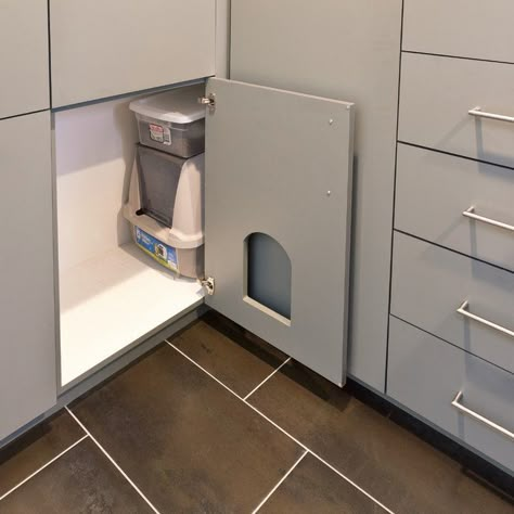 Laundry Room Design - Modern - Laundry Room - Cleveland - by Closets by Design | Houzz Hidden Laundry Rooms, Cat Litter Cabinet, Hiding Cat Litter Box, Utility Room Organization, Hidden Litter Boxes, Custom Laundry Room, Hidden Laundry, Recessed Panel Cabinets, Laundry Design