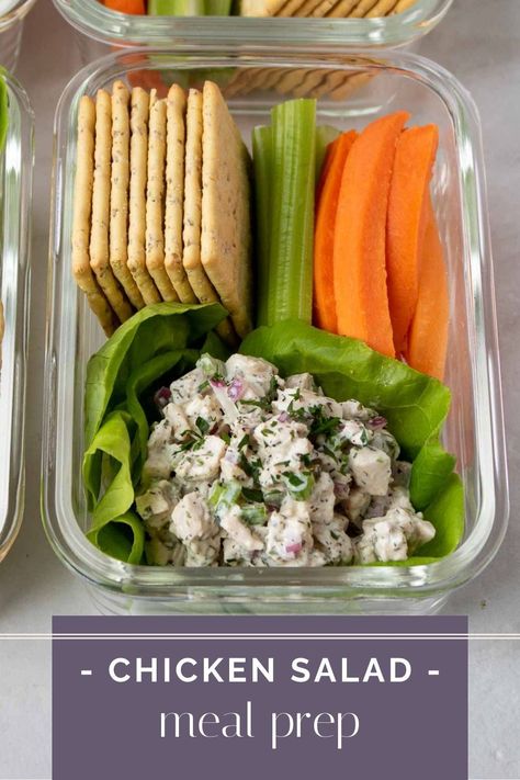 Made with chicken breasts and Greek yogurt, these chicken salad meal prep bowls are a quick and easy make-ahead lunch idea that is packed full of protein and veggies. Chicken Salad Bento Box Lunch, Chicken Salad Meal Ideas, Chicken Salad Meal Prep, Salad Bento, Kay Nutrition, Chicken Meal Prep Bowls, Healthy Chicken Meal Prep, Adult Lunchables, Greek Yogurt Chicken Salad