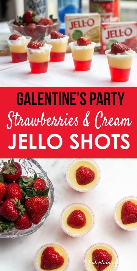 This red and white jello shots recipe is making an appearance at my Galentine's Day party for sure! Made with strawberry jello, vanilla pudding, whipped vodka and Strawberry Pucker (or schnapps), it tastes like a dessert, and my girlfriends love it! #fromhousetohome #partyideas #jelloshots #layeredjelloshots #redjelloshots #jelloshots Valentine’s Day Jello Shots, White Jello Shots, White Jello, Strawberry Jello Shots, Champagne Jello Shots, Best Jello Shots, Jello Shots Recipe, Apple Pucker, Whipped Vodka