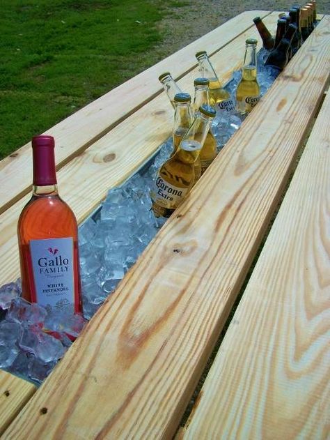 Built In Cooler @nine red Drink Cooler, Rain Gutters, Samos, Diy Wine, A Picnic, Outdoor Projects, Outdoor Fun, Picnic Table, Diy Outdoor