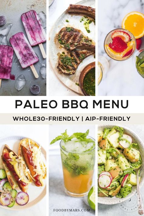 I love a good spring or summer cookout and BBQ is our jam! I’ve put together a delicious Paleo BBQ Menu to enjoy this season whether you’re in need of some Father’s Day recipes, the 4th of July, and just any old weekend! These recipes are easy, delish, will make you feel amazing, and work even if you don’t have a grill. Paleo Potato Salad, Healthy Bbq Recipes, Paleo Bbq, Low Fodmap Vegan, Fodmap Vegan, Sweet Potato Buns, Dairy Free Pesto, Autoimmune Protocol Recipes, Paleo Appetizers