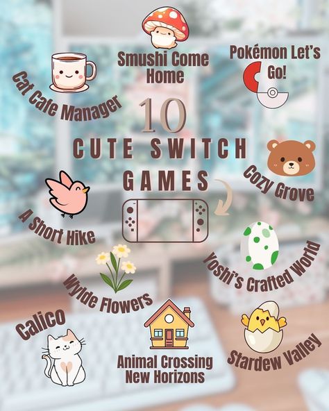 10 Cute Nintendo Switch Games to start with cozy gaming. 🥰🎮 Here is a list of cute & cozy games to play on Nintendo Switch for a cozy evening. ✨ - Cat Cafe Manager - Smushing Come Home - Pokémon Let’s Go! - A Short Hike - Wylde Flowers - Cozy Grove - Animal Crossing: New Horizons - Stardew Valley - Yoshi‘s Crafted World - Calico Have you played any of these so far? 😊🎮 #nintendoswitch #nintendoswitchlite #cozygaming #cozygames #cozygamingcommunity #cozygamingsetup #gaming #videogames Girly Nintendo Switch Games, Gaming Must Haves, Cozy Must Haves, Cozy Words Aesthetic, Cosy Games Switch, Cozy Nintendo Games, Nintendo Switch Cozy Games, Nintendo Switch Decoration Ideas, Cute Switch Games