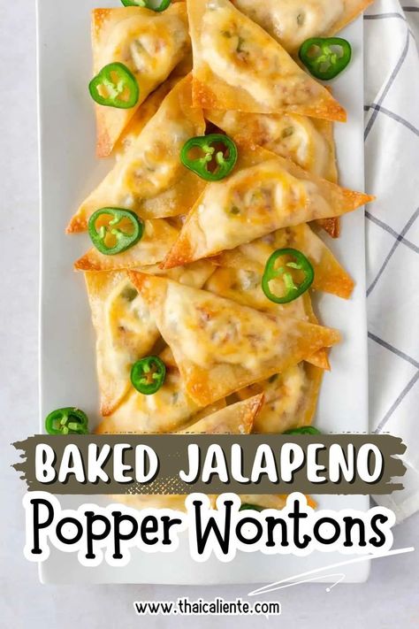 These easy baked jalapeño popper wontons are the perfect appetizer. Creamy, cheesy filling with spicy jalapeños wrapped in crispy wonton wrappers. A crowd-pleaser for parties or game day snacks. Quick to prepare and full of flavor. Jalapeno Wonton, Jalapeno Popper Wontons, Thai Appetizers, Jalapeno Wonton Poppers, Thai Appetizer, Wonton Wraps, Crispy Wonton, Jalapeno Popper, Thick Cut Bacon