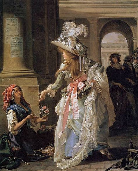 Michel Garnier--"A Fashionably Dressed Young Woman in the Arcade of the Palais Royale" Harry Potter Studio Tour, Rococo Art, 18th Century Fashion, Frou Frou, Victorian Art, Old Fashion, Historical Costume, Woman Painting, Marie Antoinette