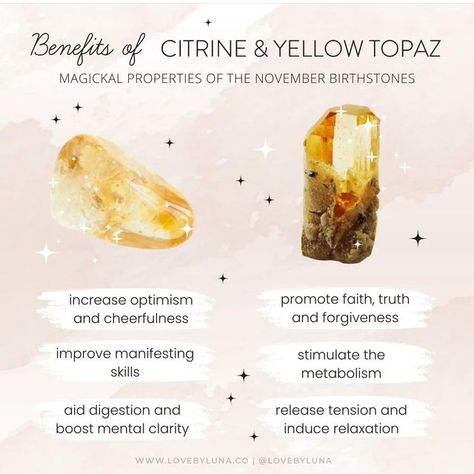 @mysticwitchofthemoon on Instagram: "Benefits of citrine and yellow topaz by @lovebyluna . . . . #wiccansofinstagram #witchlife #witchesofinstagram #witch #witchcraft #wicca #wiccan #pagan #spiritual #spiritualawakening #Spirituality #witchessociety #witchytips #magic #babywitch #beginnerwitch #crystalwitch" Topaz And Citrine, Born In November, Topaz Yellow, Crystal Cave, Crystals Healing Properties, Imperial Topaz, Happy Vibes, Rock Crystal, Healing Properties