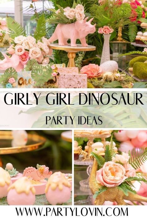 Party Like A Dinosaur, Pink Three Rex Party, Girly Dinosaur Party Decorations, Girl Dinosaur Party Ideas, Dinosaur Centerpieces Ideas, Girl Dinosaur Cake, Dinosaur Tea Party, Girly Dinosaur Party, Girl Dinosaur Birthday Party