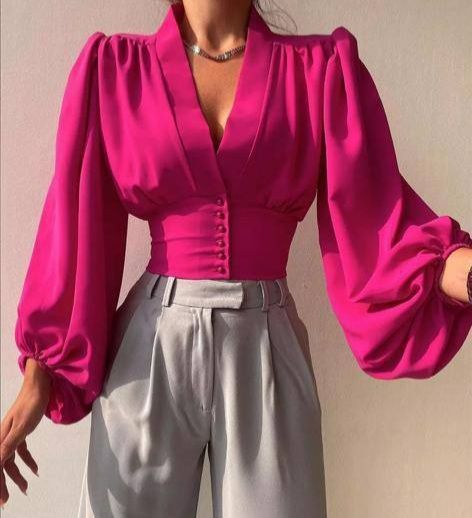 Fuchsia Blouse Outfit, Classy Tops For Women Blouses, Fuchsia Outfit, Classy Blouses, Best Blouse Designs, Woman Blouse, Lantern Sleeve Top, Corset Blouse, Lantern Sleeved Blouses