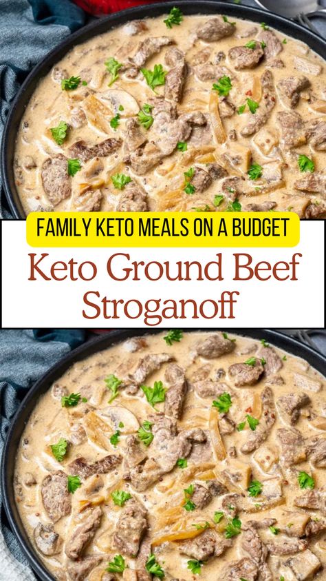 Try Keto Beef Stroganoff! A budget-friendly low carb dish features tender ground beef, mushrooms, and a sauce,  perfectly suited for a keto diet, family dinners, and is low in carbs but high in flavor. Serve it over cauliflower rice or zucchini noodles for a complete and satisfying meal! Keto Friendly Dinners Easy,  Keto Hamburger Stroganoff, Keto Hamburger Meat Recipes Crock Pot, Easy Keto Dinner Ground Beef, Quick Low Carb Ground Beef Recipes, Keto Friendly Ground Beef Recipes, Easy Keto Recipes With Hamburger Meat, Keto Hamburger Dinner Recipes, No Carb Beef Recipes, Keto Hamburger Stroganoff, Keto Ground Beef Recipes Slow Cooker, Keto Dinner Recipes Hamburger Meat, Keto Ground Beef Cream Cheese Recipes, Keto With Hamburger Meat, Budget Friendly Low Carb Meals