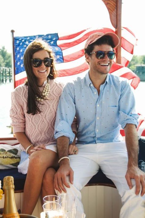 Co-founders of nautical bracelet company KJP, Kiel James Patrick and Sarah Vickers effortlessly embody the contemporary prep couple. Here the recently engaged duo relaxes on a yacht, July 2014. Sarah Vickers, Classy Girls Wear Pearls, Style College, Don Draper, Prep Style, Preppy Lifestyle, Classy Girl, On A Boat, Estilo Preppy