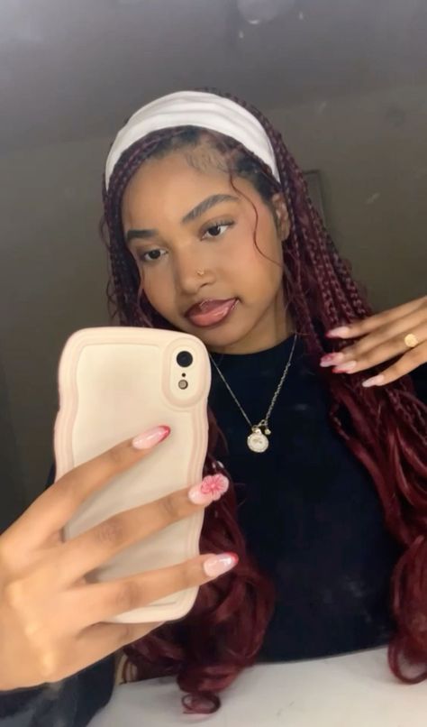 Radiant Cherry Red Hair Colors for Every Vibe Braid Styles For Round Face, Headband With Braids Black Women, Headband Braid Hairstyles Black Women, Side Part Headband, Bohemian French Curl Braids, Burgundy French Curl Braids, Headband Hairstyles With Braids, Headband Hairstyles Braids, Layered Knotless Braids