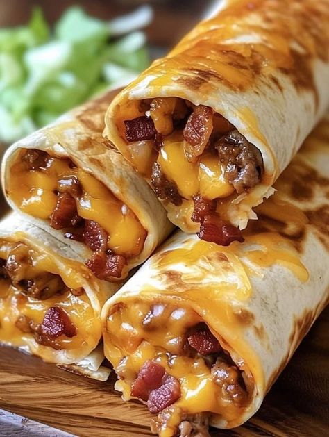 Bacon Cheeseburger Burrito, Bacon Cheeseburger Wraps, Cheeseburger Tortilla, Cheeseburger Wraps, Beef Wraps, Recipes With Flour Tortillas, Tortilla Rolls, Roll Ups Tortilla, Tacos And Burritos