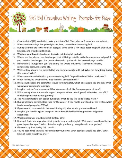 20 Fall Writing Prompts for Kids - Life With Lovebugs Storytelling Prompts, Fall Writing Prompts, November Writing Prompts, Fall Writing Activities, Thanksgiving Writing Prompts, Creative Writing Worksheets, Preschool Journals, 500 Word Essay, Writing Club