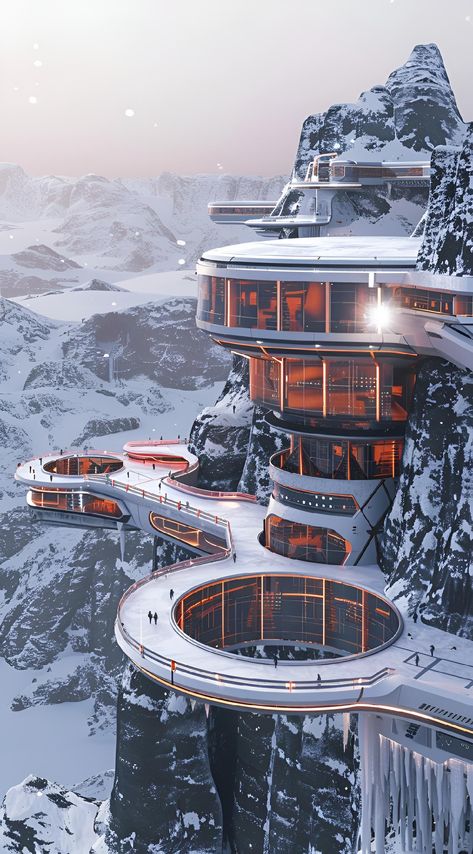 Embrace the elegance of modern architecture with this art print. Nestled in a snowy mountain landscape, this futuristic edifice showcases sleek levels, vast windows, and curving terraces. A masterpiece of design that brings the serenity of nature indoors. Save and follow for more inspiring visuals. #ModernArchitecture #NatureMeetsDesign #ArtPrintAvailable #imageprompt #Aiimage Futuristic Mountain House, Futuristic Mountain City, Sci Fi Building Concept Art, Sci Fi City Futuristic Architecture, Mountain Resort Design, Architecture Masterpiece, Futuristic Mansion, Futuristic Environment, Futurism Architecture