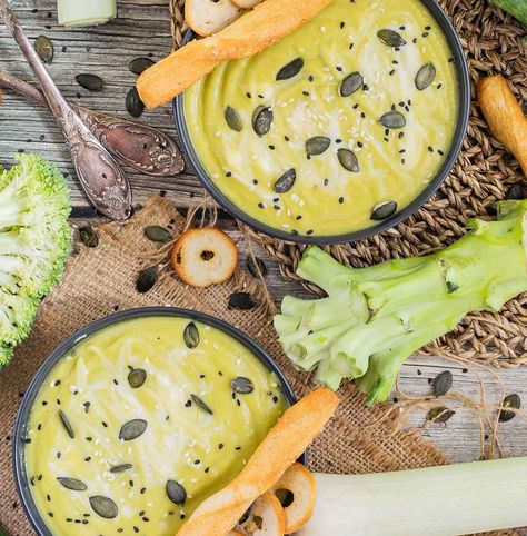 Broccoli Stem and Leek Greens Soup   When the cold winds blow and the days grow short, there is nothing quite like a bowl of homemade soup to warm you up. And believe it or not, you can stir up something special with the bits you often forget – broccoli stems and leek greens! These … Leek Greens, Broccoli Leek Soup, Greens Soup, Leek Recipes, Broccoli Stems, Green Soup, Spicy Soup, Artificial Food, Leek Soup