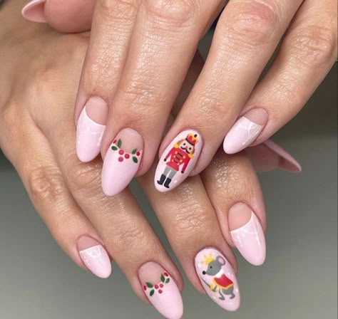 Nutcracker Nails Pink, Christmas Nails With Pink, Ballet Nail Art, Pink Nutcracker Nails, Nutcracker Ballet Nails, Nutcracker Nails Designs, Nutcracker Nail Art, Pastel Christmas Nails, Nutcracker Nails