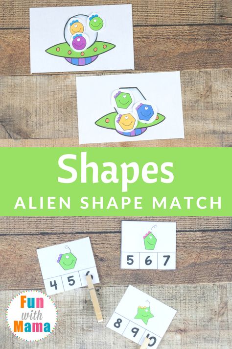 Make shapes for kids more fun with an Alien Theme! Get the aliens back home by matching them to their shape ship! via @funwithmama Alien Activities Preschool, A Is For Alien Craft, Alien Stem Activities, Alien Art Preschool, Preschool Alien Activities, Build An Alien Craft, Space Activities For Kids, Space Activities, Learning Shapes