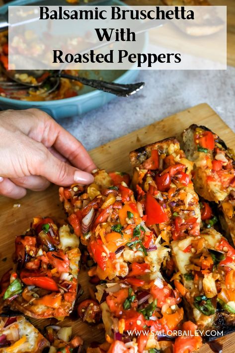 Bruschetta made with roasted peppers, balsamic and fresh juicy tomatoes. Easy appetizer for the whole family served over crusty baguette. via @sailor_bailey Tomato Balsamic Bruschetta, Baguette Appetizer, Bruchetta Appetizers, Balsamic Bruschetta, Bruschetta Appetizer, Easy Bruschetta, Crispy Bread, Tomato Bruschetta, Bruschetta Recipe