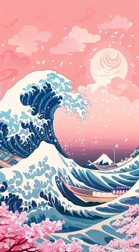 Japanese painting of a tsunami crashing over a small boat. Famous Wave Painting Japanese Art, Japanese Water Painting, Water Art Aesthetic, The Great Wave Wallpaper, Cute Wallpaper Backgrounds Blue, Water Japanese Art, Tsunami Painting, The Great Wave Painting, Japanese Wave Painting