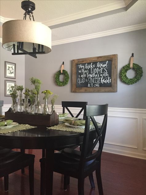 Chalkboard In Dining Room, Dining Room Chalkboard Ideas, Dining Room Themes, Grey Dining Room Walls, Eat In Kitchen Wall Decor, Chalkboard Decoration, Farmhouse Dining Room Wall Decor, Chalkboard Scripture, Dining Room Feature Wall