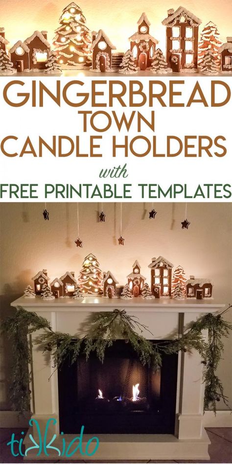 Gingerbread Town Candle Holders Christmas Mantle Tutorial with Free Printable Templates | Tikkido.com Gingerbread House Template Printable, Gingerbread Town, Candle Holders Christmas, Gingerbread House Patterns, Gingerbread House Template, House Candle Holder, Gingerbread House Parties, House Candle, Gingerbread House Designs