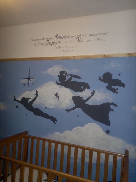 Archie's nearly finished Peter Pan painted Nursery room with wall quote! My favorite room in the house! - lets hope he never grows up too! Disney Wall Painting, Peter Pan Bedroom, Painted Nursery, Neverland Nursery, Casa Disney, Peter Pan Nursery, Disney House, Drawing Disney, Ideas For Drawing