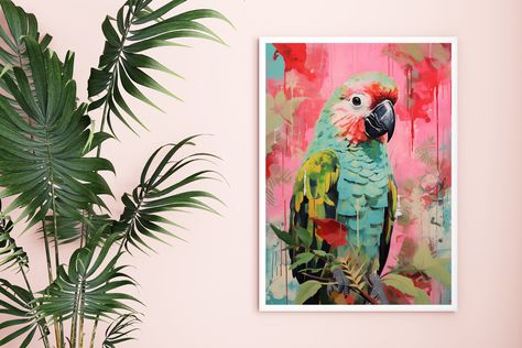 Jungle Bathroom, Animal Jungle, Tropical Bathroom, Jungle Wall Art, Jungle Wall, Safari Print, Pink Bird, Decor Essentials, Painting Art Projects