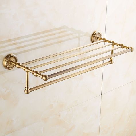 30/40/50CM Brass hotel bathroom shelves towel holder vintage, Square antique shelf towel rack double storage rack with towel bar Antique Shelf, Bathroom Shelf With Towel Bar, Shelf With Towel Bar, Antique Brass Bathroom, Brass Towel Bar, Antique Shelves, Bath Shelf, Bathroom Towel Rails, Wall Mounted Towel Rack