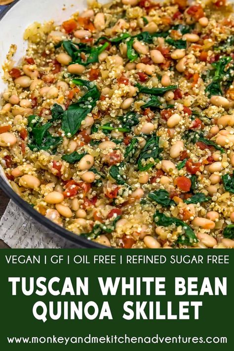 Simple, yet flavorful, this nourishing, oil-free Tuscan White Bean Quinoa Skillet is packed with beans, tomatoes, spinach, and quinoa. #wholefoodplantbased #vegan #oilfree #glutenfree #plantbased | monkeyandmekitchenadventures.com White Bean Casserole, Quinoa Skillet, Beans And Quinoa, Tuscan White Bean, Monkey And Me Kitchen Adventures, Bean Quinoa, Monkey And Me, White Bean Recipes, Quinoa Spinach