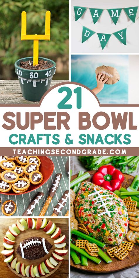 The biggest game of the year is just around the corner, and we've got some great Super Bowl Ideas for football-themed crafts and snacks for all ages. #teachingsecondgrade #superbowl #kidscrafts #kidssnacks #footballtheme | Football Themed Snacks | Football Crafts | Superbowl Ideas | Easy Kids Activities | Super Bowl Ideas for Kids Super Bowl Spirit Week Ideas, Superbowl Crafts For Kids, Football Theme Snacks, Football Snacks For Kids, Football Crafts For Kids, Super Bowl Ideas, Super Bowl Crafts, Football Themed Snacks, Super Bowl Kids