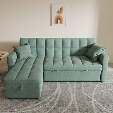 L-shaped Pull-out Sleeper Sectional Sofa Bed with Storage Chaise - Bed Bath & Beyond - 35252221 Sectional Sofa Bed, Sleeper Sectional Sofa, Storage Chaise, Sectional Sleeper Sofa, Bed With Storage, Sleeper Sectional, Sofa Bed With Storage, Green Cushions, Comfy Sofa