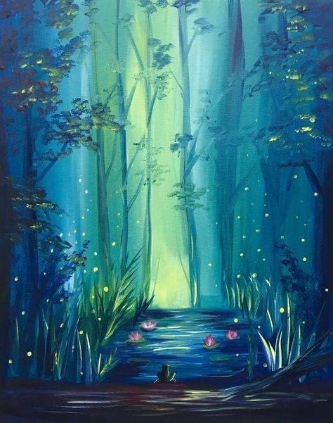 Glowing Forest Glowing Forest, Simple Oil Painting, Easy Landscape Paintings, Paintings Easy, Wine And Canvas, Paint Nite, Oil Painting Techniques, Forest Painting, Simple Acrylic Paintings