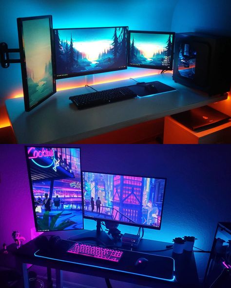 15+ Desk Backlight & LED Light Strip Ideas - Gridfiti Desk Lighting Ideas, Clean Gaming Room, Led Light Strip Ideas, Light Strip Ideas, Led Lights Strip Ideas, Led Lights Desk, Rgb Room, Gamer Girl Room, Custom Pc Build