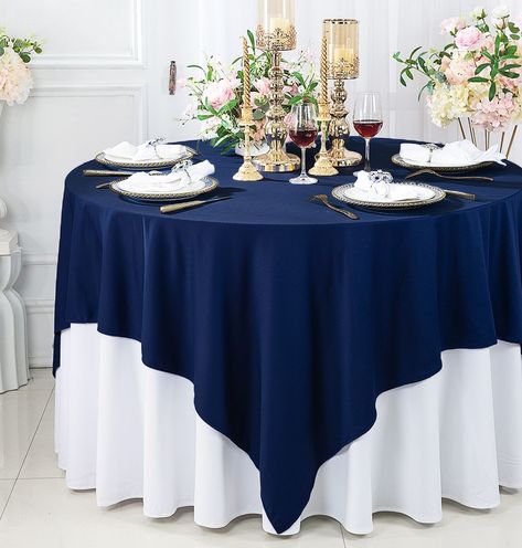 Dallas Cowboys Baby Shower, Navy Napkins, Navy Tablecloth, Auction Decor, Overlay Ideas, Navy Table, White Tablecloths, Midsummer Nights Dream Wedding, White Round Tables