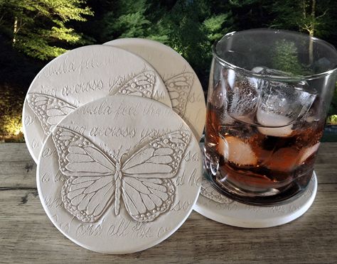 Handmade Coasters, Butterfly Coasters, Pottery Crafts, Mountain Cabin Decor, Carved Butterfly, Geometric Coaster, Absorbent Coasters, Bleach Product, Nature Inspired Decor