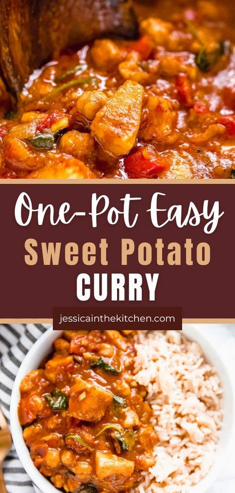 You know I love a good curry and it seemed about time to add a Sweet Potato Curry to the repertoire. It’s been an idea that I’ve had for a while now, so the anticipation was definitely building.One of my top tips for making this Sweet Potato Curry is to ensure all your sweet potato pieces are the same. I like to cut them into 1-inch pieces, that way they cook evenly and aren’t too big (not bite-size) and aren’t too small (so they don’t become mushy). I also wanted the onions to be pretty small. Sweet Potato Spinach Curry, 1 Sweet Potato Recipe, Jamie Oliver Sweet Potato Curry, Slow Cooker Recipes Sweet Potato, Stew Sweet Potato, Sweet Potato And Tomato Recipes, Indian Sweet Potato Curry, Sweet Potato And Spinach Curry, Sweet Potato And Onion Recipe