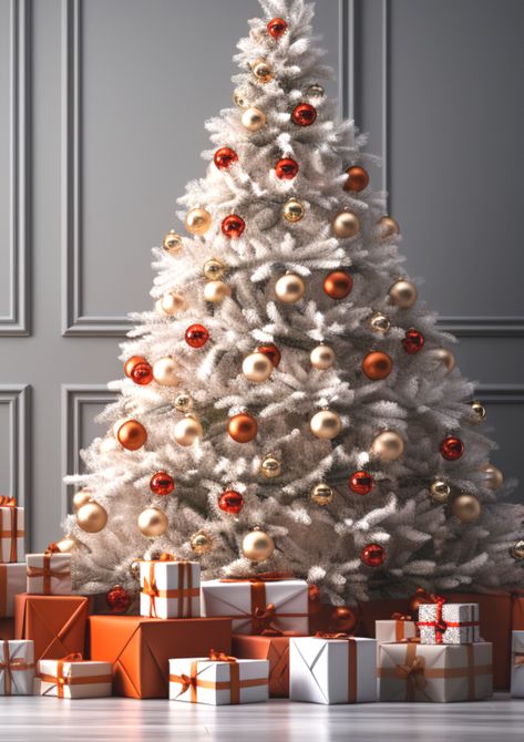 White Christmas Tree - red, white, gold, orange. #christmas #tree #white #red #gold #natal #arvore #navidad #arbol #branco Orange Christmas Tree, Christmas Tree White, Orange Christmas, White Christmas Tree, Gold Orange, Christmas 2024, White Christmas, Red Gold, Shower Curtains