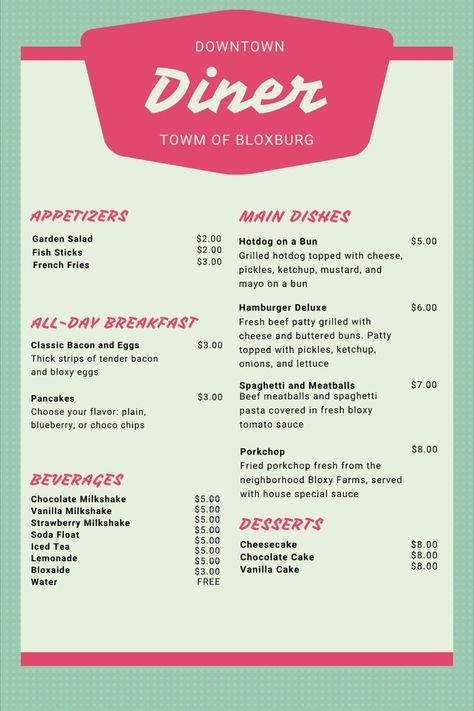 (!!!SWIPE TO SEE THE MENUS CLEARLY) Use these menu decals for your bloxburg diner! I added descriptions for some parts of the menu for more fun and realism (: ENJOY! Always feel free to request! #roblox #bloxburg #bloxburgdecals #decals #bloxburgrestaurant #bloxburgmenu #bloxburgdiner #robloxdecals Bloxburg Diner, Decals For Bloxburg, Resturant Menu, Restaurant Layout, Diner Menu, Diner Sign, Preppy Decal, Diner Restaurant, Retro Cafe