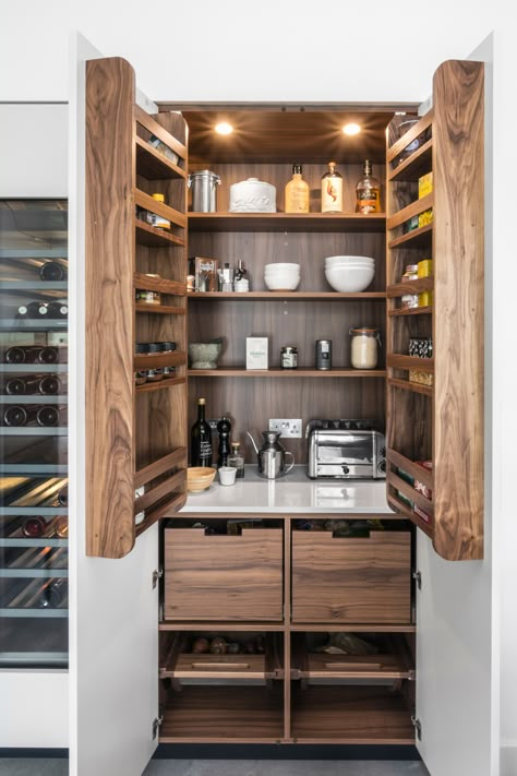 Kitchen Separation Ideas, Pantry Styling, Larder Ideas, Kitchen Separation, Butlers Kitchen, Kitchen Larder Units, Decor Kitchen Ideas, Kitchen Larder, Bold Kitchen