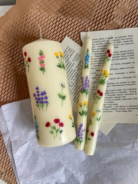 Buy Set of 3 Painted Candle, Floral Painted Pillar Candle , Floral Candle, Painted Taper Candles, Wedding Candles, Pillar Candle Online in India - Etsy Painted Taper Candles, Taper Candles Wedding, Candles Wedding, Big Candles, Hand Painted Candles, Floral Candle, Wax Painting, Painted Candles, Candle Art