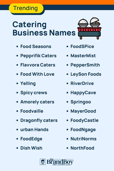 Trending Catering Business Names Catering Names Ideas, Catering Business Names, Business Name Ideas Catchy, Video Infographic, Shop Name Ideas, Business Name Ideas, Cloud Kitchen, Girly Movies, Restaurant Names