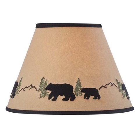 Wilderness Scene Embroidered Lampshade - 10 Inch Embroidered Lampshade, Khaki Background, Bear Lamp, Embroidered Bear, Bear Cabin, Lodge Homes, Rustic Lamp Shades, Bear Silhouette, Bear Nursery