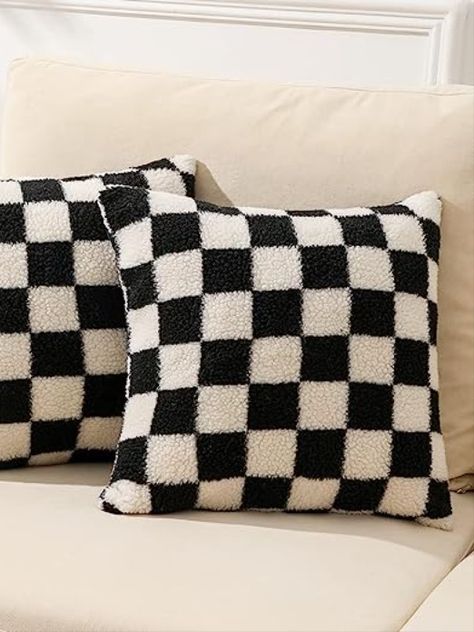 Made of sherpa fleece with checkerboard pattern on the front and velvet on the back, very soft and comfortable to touch. Living Room Black White, Checkered Pillow, Throw Pillows For Couch, Living Room Black, Couch Living Room, Pillows For Couch, Room Black, Wool Throw Pillows, Cute Pillows