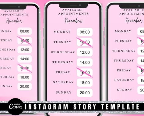 Instagram Story Availability Calendar, Nail Tech Booking Calendar, Hairdresser Calendar Template, Lash tech Calendar, Available, Nails Booking Calendar, Appointment Calendar, Lash Tech, For Lash, Social Media Templates, Instagram Story Template, Calendar Template, Esthetician, Social Media Template