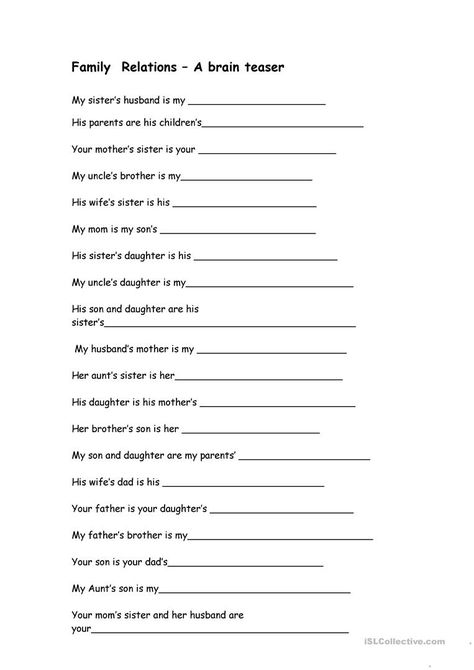 Family Relations - A brain teaser - English ESL Worksheets Brain Teasers Printable, Word Brain Teasers, Printable Brain Teasers, Brain Teasers For Adults, Brain Teasers With Answers, Brain Teasers For Kids, Family Relations, Kids Worksheets Printables, Printable Math Worksheets