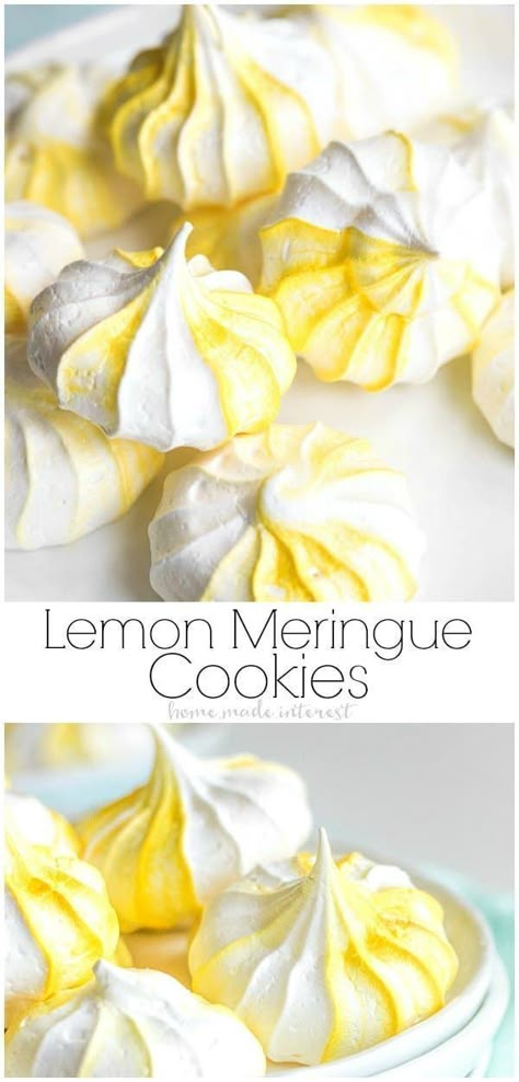 These easy Lemon Meringue Cookies, or egg white cookies, are made from egg whites whisked into a stiff meringue and baked until they are slightly crunchy on the outside and soft in the middle. This easy meringue cookie recipe can be adapted to any flavor you like. The lemon meringue cookies make a great Mother's Day brunch recipe. Egg White Cookies, Easy Lemon Meringue, Easy Meringue Cookies, Meringue Cookies Recipe, Lemon Meringue Cookies, Easy Meringues, Meringue Cookie Recipe, Baked Meringue, Meringue Cookie