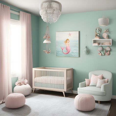 Girl Ocean Nursery, Sea Nursery Girl, Ocean Nursery Girl, Pink Ocean Nursery, Sea Themed Nursery Pink, Baby Girl Room Themes, Underwater Nursery Theme Girl, Beach Theme Nursery, Aqua Nursery