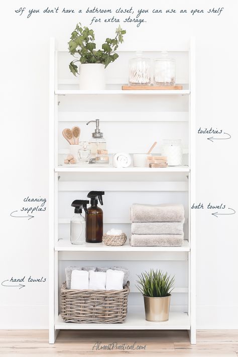 Bathrooms can often be cluttered with products, cleaning supplies, linens, toiletries - use these tips to organize your bathroom closet. Bathroom Closet Organization, Bathroom Closet, Spa Day At Home, Decorating Shelves, Declutter Your Home, Decor Essentials, Inspired Living, Home Spa, Linen Closet