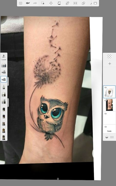 Baby Owl Tattoos, Colorful Owl Tattoo, Owl Tattoo Sleeve, Cute Owl Tattoo, Cute Thigh Tattoos, Dandelion Tattoo, Butterfly Tattoos For Women, Tattoos For Women Flowers, Muster Tattoos